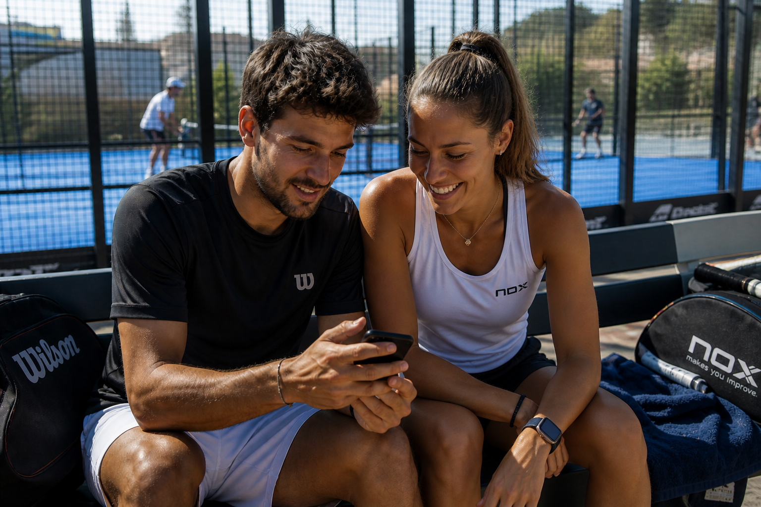 Deux joueurs de padel souriants consultent SetPilot sur un téléphone au bord du terrain